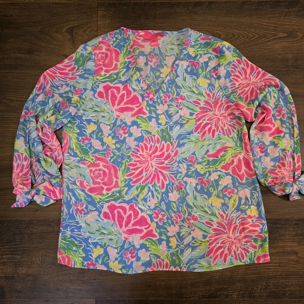 Lilly Pulitzer‎ Pamela Top Zanzibar Blue Bunny Floral Print Tie Sleeve XS